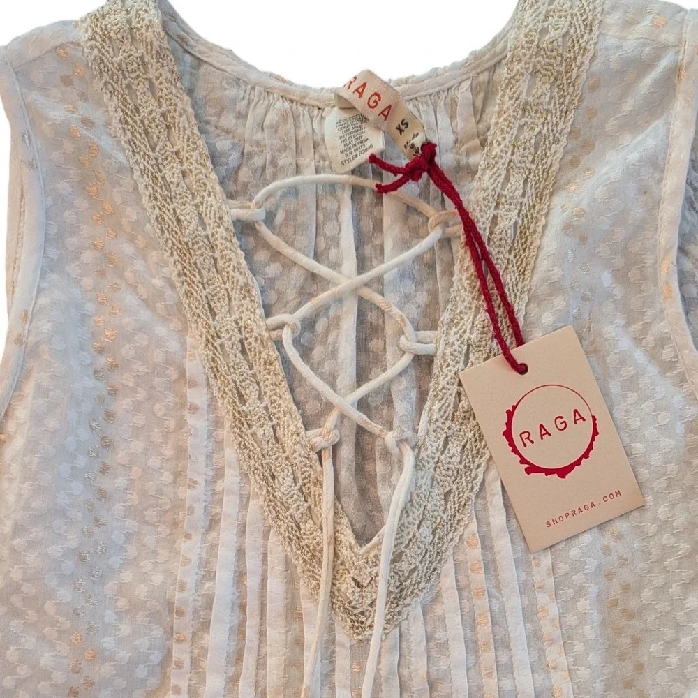 RAGA Junior XS‎ White Gold Metallic Polka Dot Tassel Babydoll Boho Top NWT